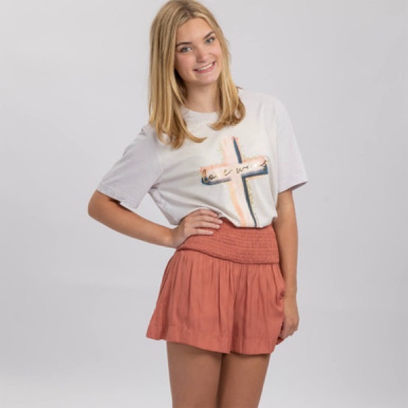 TCEC Flowy Silky Satin Shorts Skort with Smocked Waist in salmon / coral / pink - Picture 3 of 3